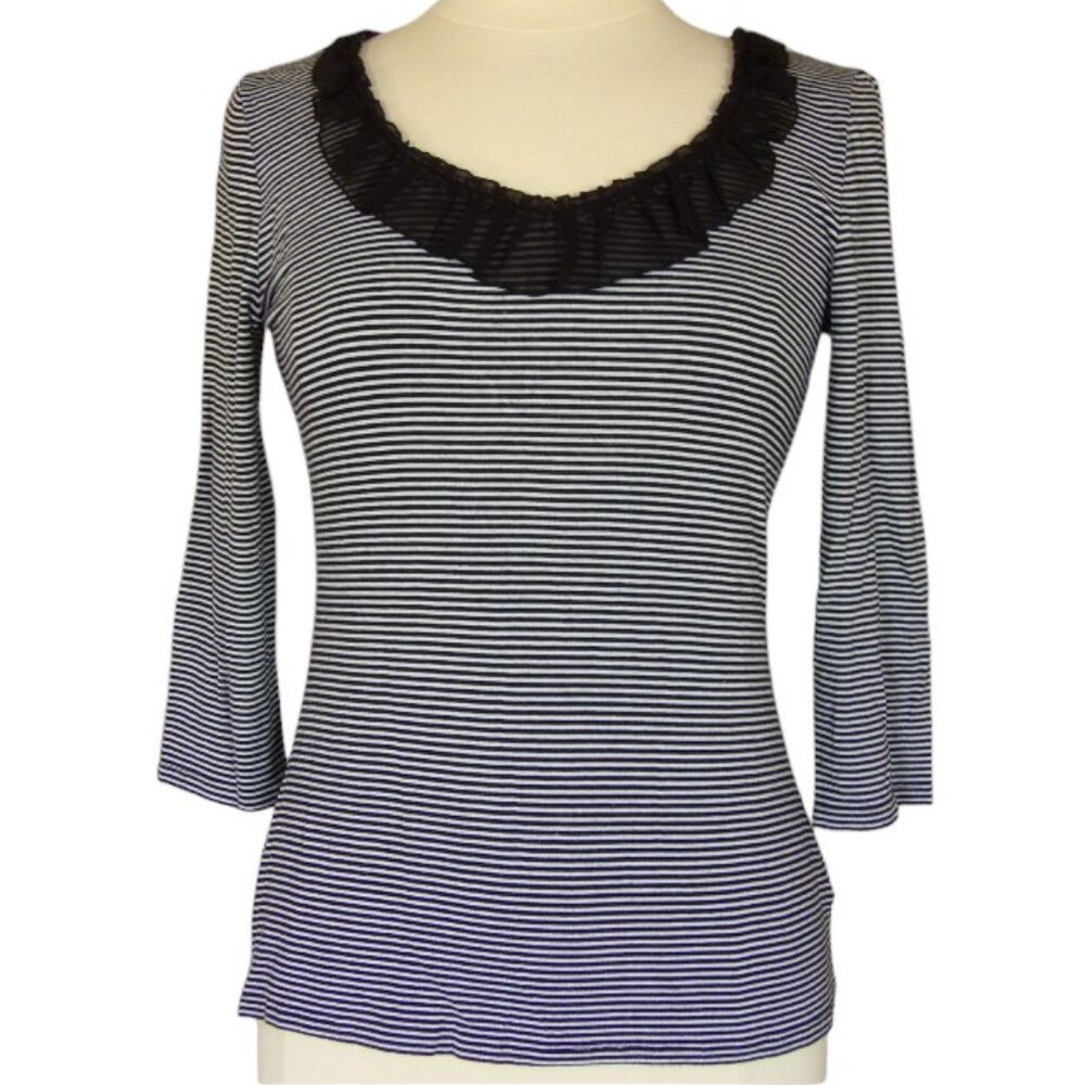 White House Black Market Black & White Stripe, 3/4 sleeve, Ruffle Trim T-Shirt M